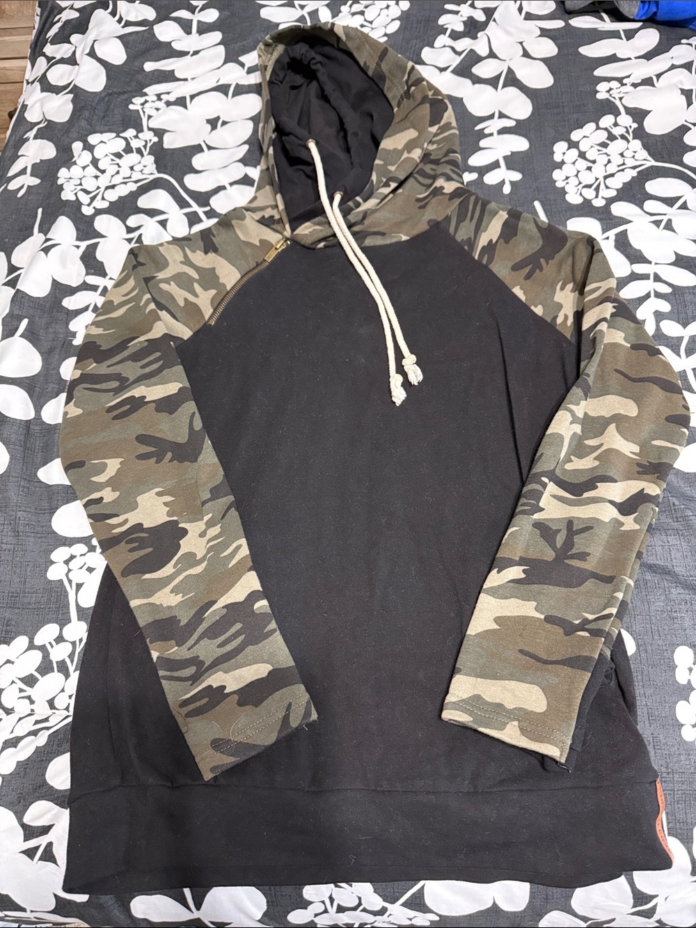 Women’s Black Hoodie Sweater with Camo Sleeves